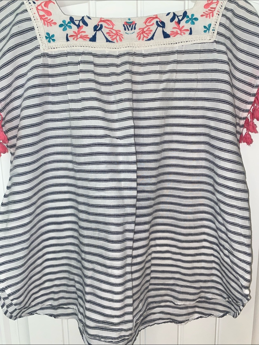 THML Navy & White Striped Square-Neck Top with Pink Tassel Trim size Large - Picture 15 of 15